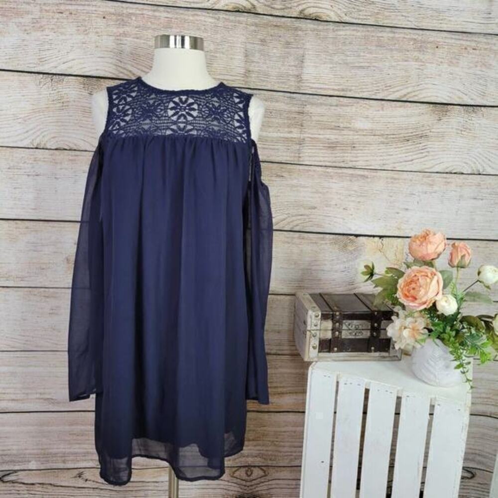 5/$25‎ Be Bop Women's Boho Navy Lace Cold Shoulder Babydoll Dress Size Large